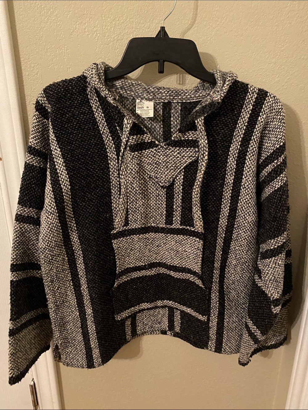 Striped Hooded Knit Poncho in Black & Gray